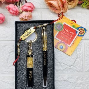 Gold Flake pen keychain set with name engraved rakhi | Rakhi Combo Gift |  Rakhi gift for brother