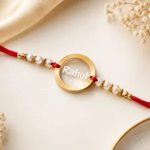 personalized floating name rakhi, floating name rakhi, personalized circle rakhi, custom circle rakhi, gold ring rakhi, circle name rakhi, personalized name rakhi, custom name rakhi