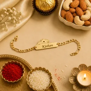 personalized bracelet rakhi, custom name bracelet rakhi, engraved name rakhi, bracelet rakhi for brother, personalized rakhi, custom rakhi, gold finish bracelet rakhi, premium rakhi, designer bracelet rakhi, name engraved rakhi, customized rakhi for brother, personalized gift for brother