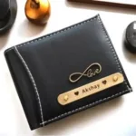 Personalized black leather wallet with custom name engraving and infinity design by Banaado