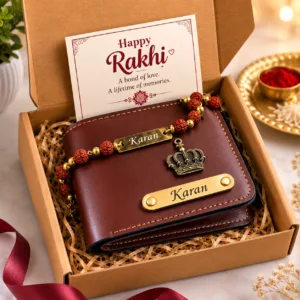 Personalized Rakhi gift hamper featuring a custom name wallet and engraved name rakhi by Banaado
