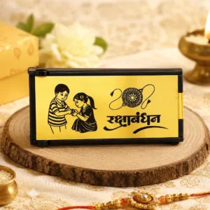 Personalized evil eye rakhi gift box with custom engraved name, chocolate and roli chawal by Banaado