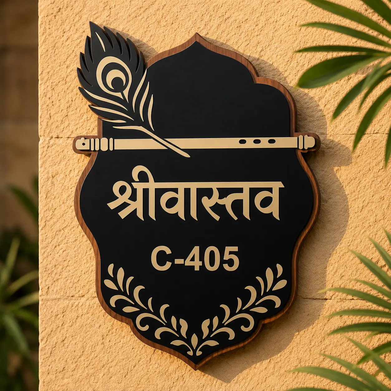 Personalized Krishna Theme Acrylic House Name Plate Personalized Krishna theme acrylic name plate with family name and house number by Banaado