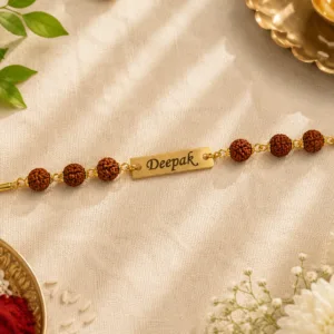 personalized rudraksha rakhi, rudraksha bracelet rakhi, personalized name rakhi, custom name rakhi, engraved bracelet rakhi, personalized rakhi for brother, bracelet rakhi for brother