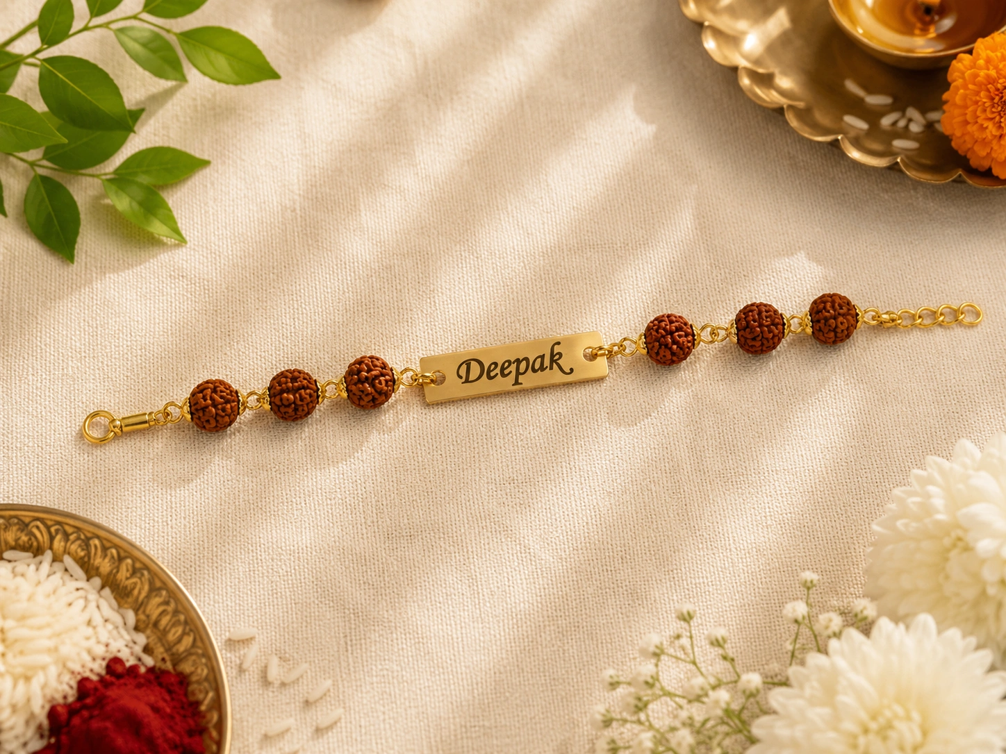 bdff31e3-522d-4526-a4b0-13a76a26542e personalized rudraksha rakhi, rudraksha bracelet rakhi, personalized name rakhi, custom name rakhi, engraved bracelet rakhi, personalized rakhi for brother, bracelet rakhi for brother
