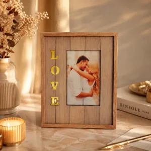 Personalized wooden love photo frame with custom couple photo and LOVE lettering by Banaado