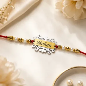 personalized rakhi, custom name rakhi, silver gold name rakhi, dual tone rakhi, personalized silver rakhi, personalized gold rakhi, custom engraved rakhi, engraved name rakhi